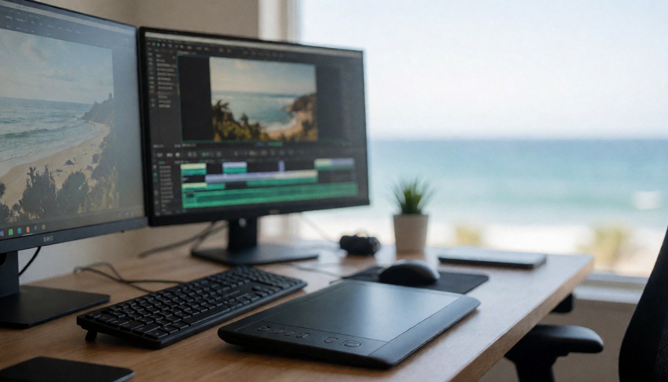 Editing desk with two monitors, graphics tablet, and blurred sea view. Ideal for underwater photography text backgrounds.