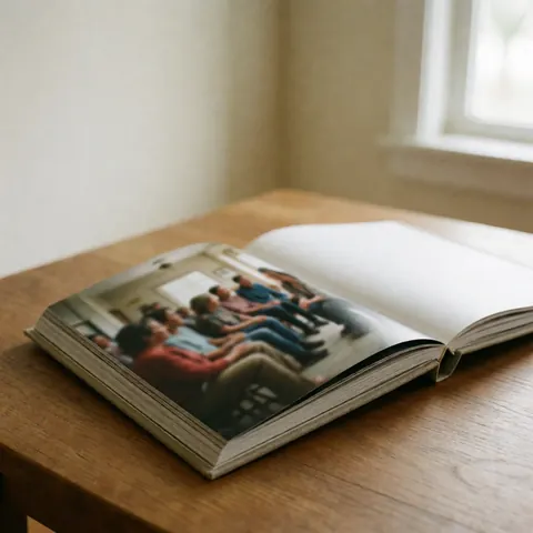 Open photo book with thick pages on a wooden table illuminated by natural window light showing a blurry community meeting image