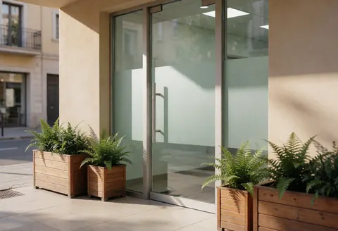 Clean clinic entrance featuring a glass door, wooden planters with ferns, and tiled flooring in a professional setting