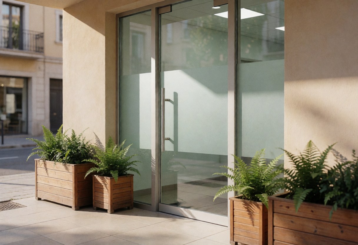 Clean clinic entrance featuring a glass door, wooden planters with ferns, and tiled flooring in a professional setting