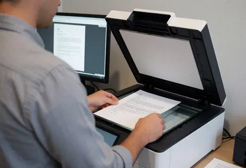 Professional placing document on multifunction printer scanner tray with monitor showing preview in office with natural light and gray walls