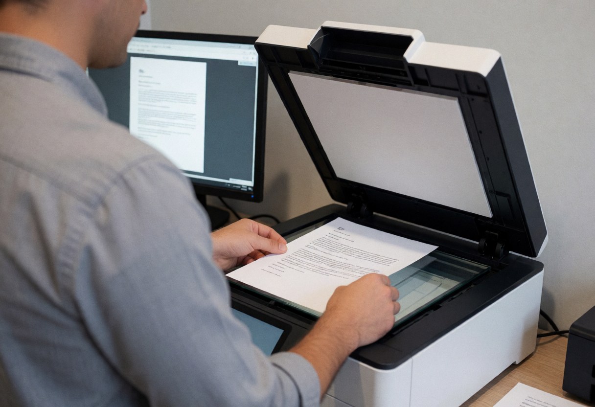 Professional placing document on multifunction printer scanner tray with monitor showing preview in office with natural light and gray walls