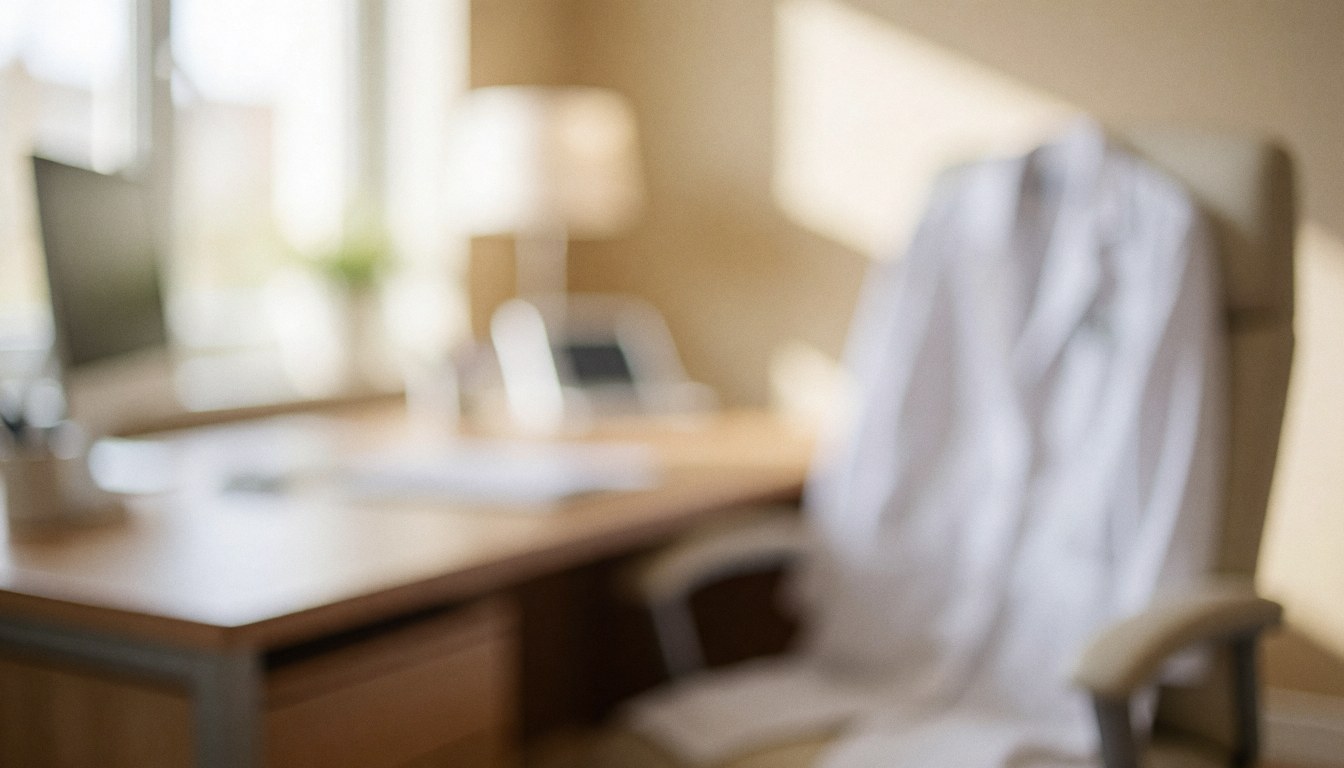 White coat draped over a chair in a medical office with warm lighting and a professional background for text overlay