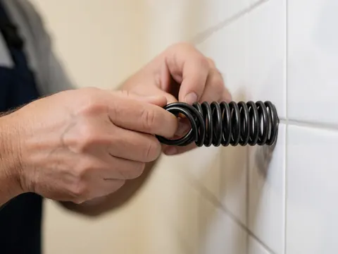 Close-up of a hand tightening a black metal binding cord on a white tiled wall, showing professional bookbinding tool details.