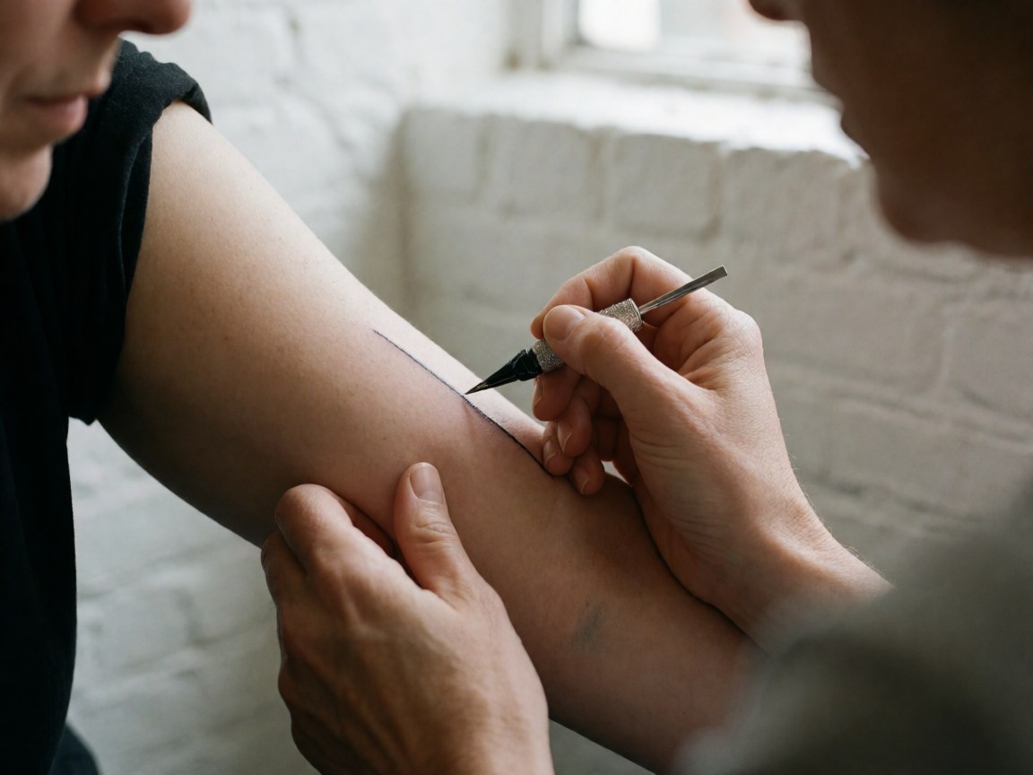 Close-up of a professional tattoo artist using a needle to apply a precise black line on a client's arm against a white brick wall background.