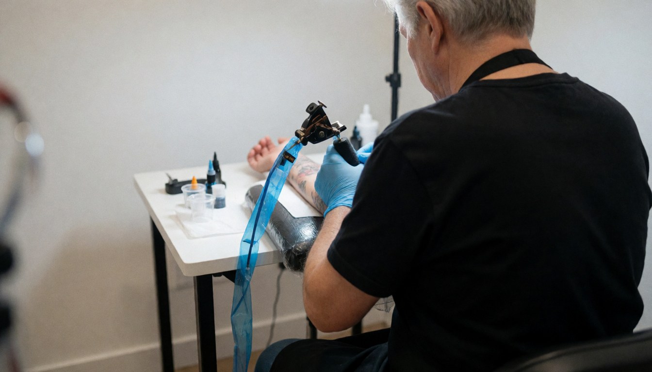 Professional tattoo artist wearing blue gloves applying ink to an arm on a white table with sterile equipment and a clean background