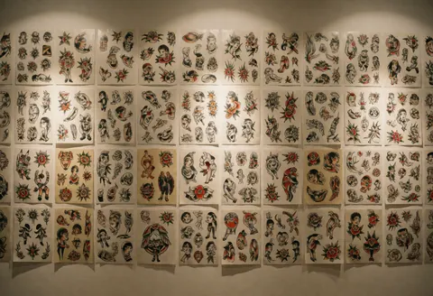 A wall in a tattoo studio displaying multiple traditional style flash sheets under warm lighting, showcasing design variety without people