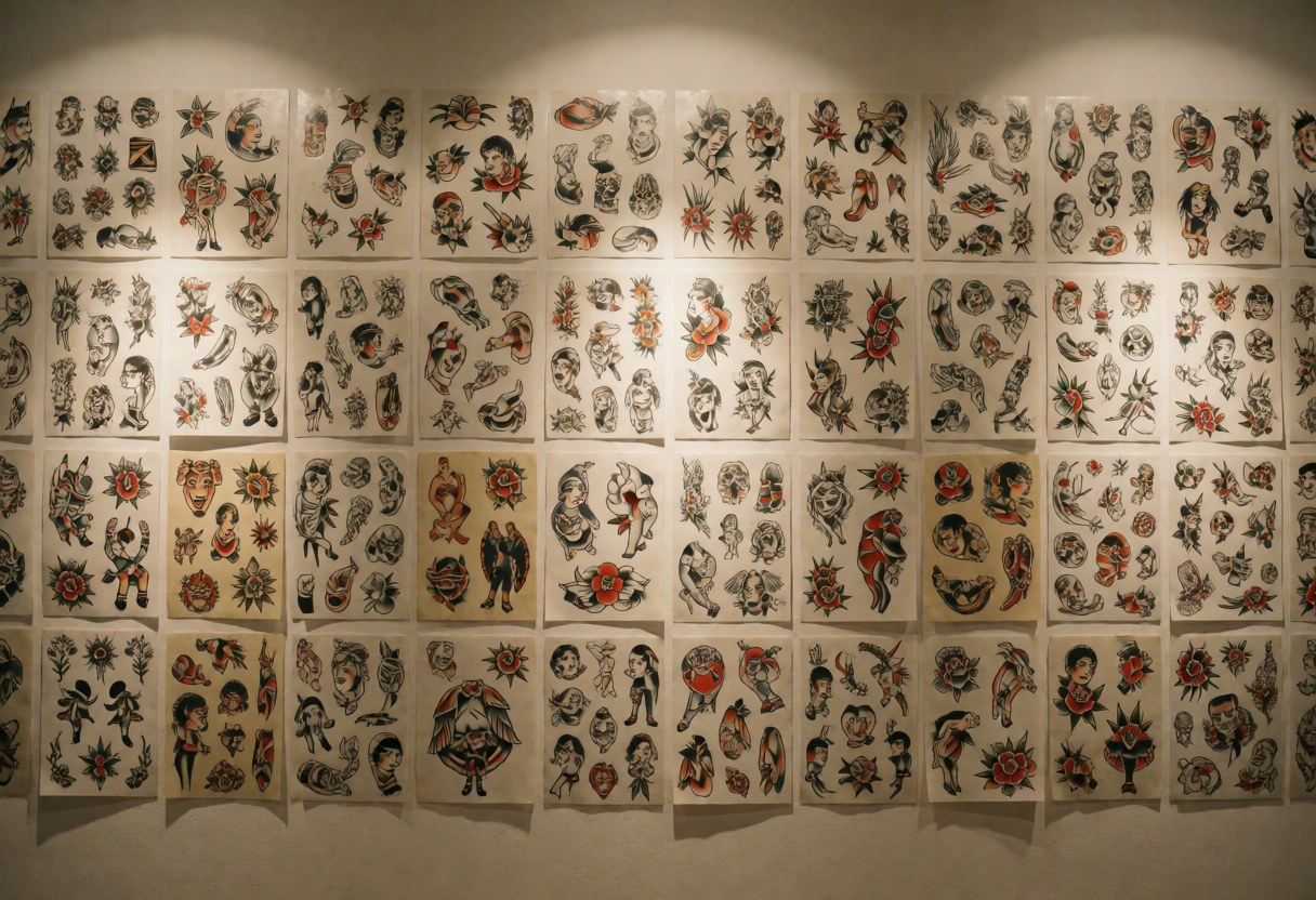 A wall in a tattoo studio displaying multiple traditional style flash sheets under warm lighting, showcasing design variety without people