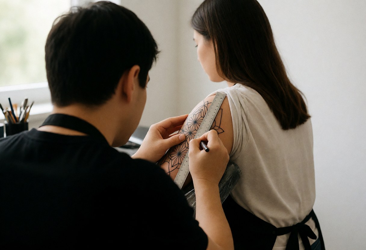 Back view of a tattoo artist using a ruler to create a geometric design on a client's shoulder in a studio with natural light and white walls