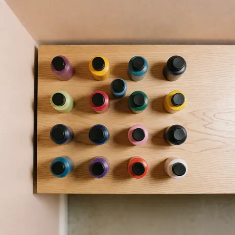 Top view of vibrant tattoo ink bottles arranged on a light wooden surface with a soft beige background and even lighting.