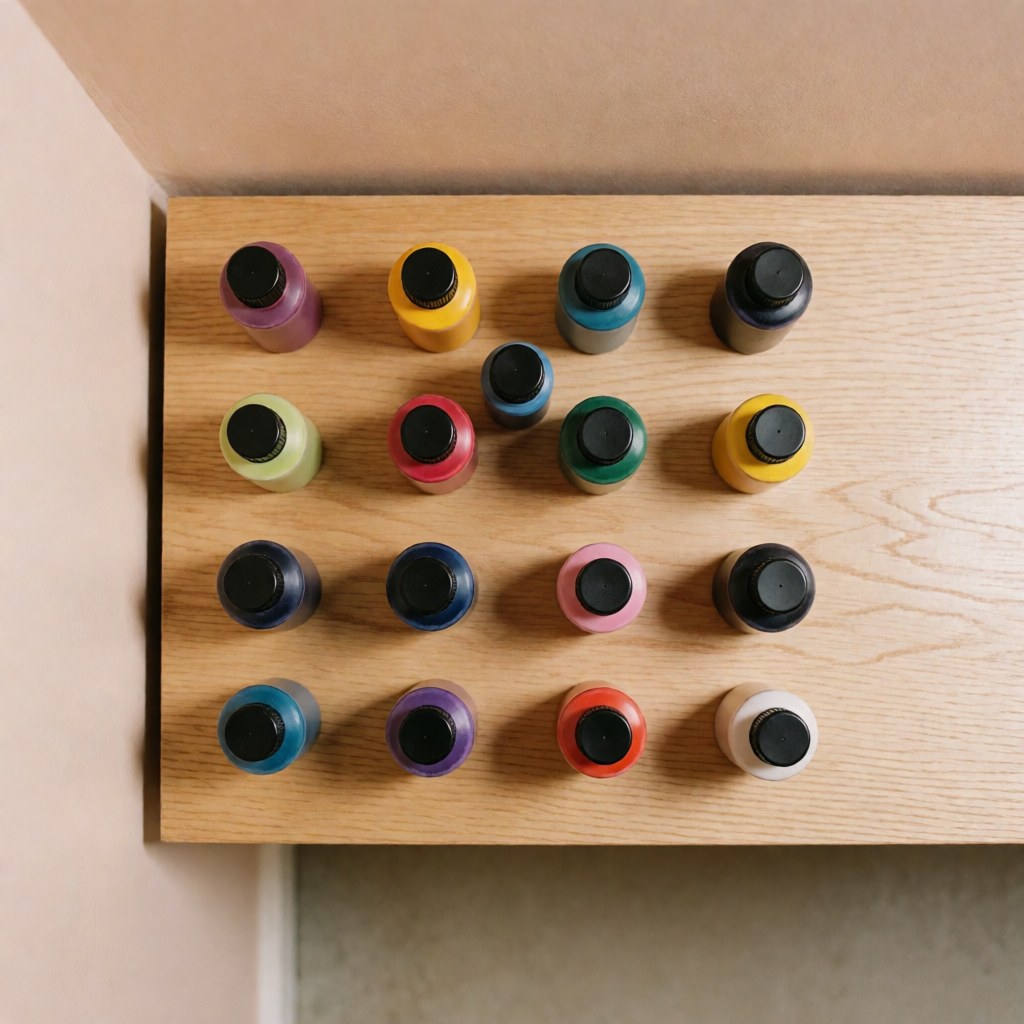 Top view of vibrant tattoo ink bottles arranged on a light wooden surface with a soft beige background and even lighting.