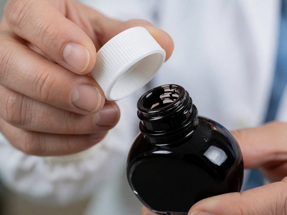 Close-up of hands unscrewing the cap of a black tattoo ink bottle, revealing the dark liquid inside against a blurred background.