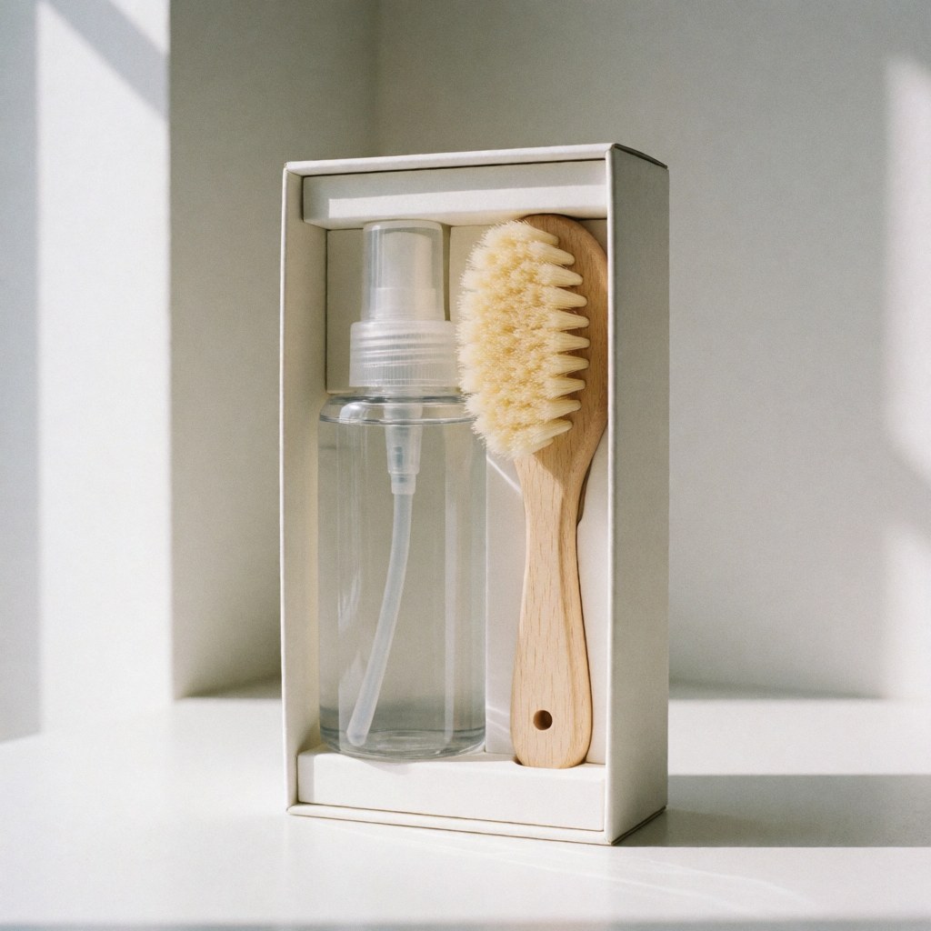 White box containing a wooden brush and a transparent spray bottle placed on a white surface with natural lighting