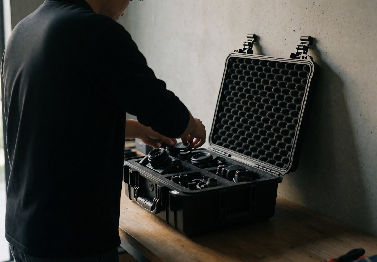 Professional photographer arranging drone and camera gear in a hard case on a wooden bench near concrete walls with soft sunset light