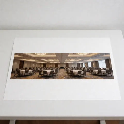 Panoramic photograph of a corporate event hall featuring round tables and chairs displayed on a white table, ideal for event businesses.