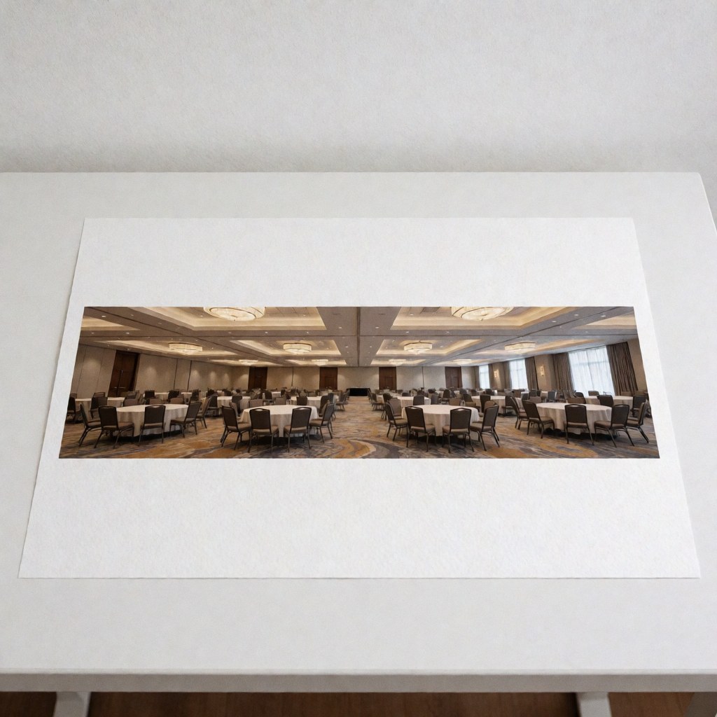 Panoramic photograph of a corporate event hall featuring round tables and chairs displayed on a white table, ideal for event businesses.