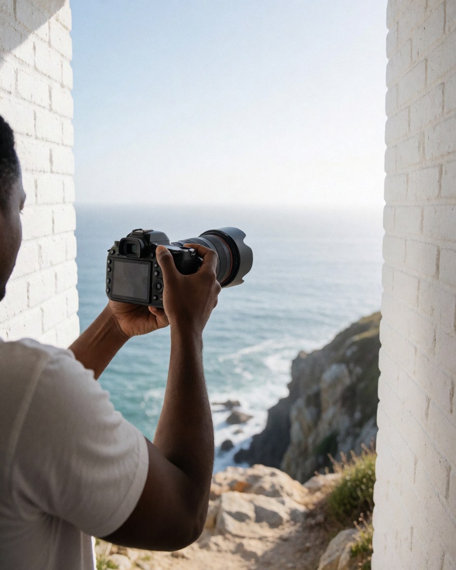 Professional photographer with wide-angle camera capturing the sea and rocky coastline from a white wall window