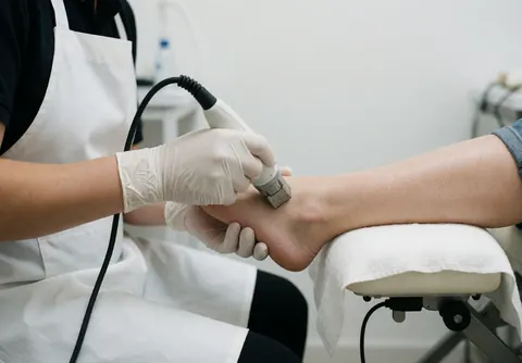 Technician wearing white gloves applying an electric device to a client's foot on a white towel in a clean salon