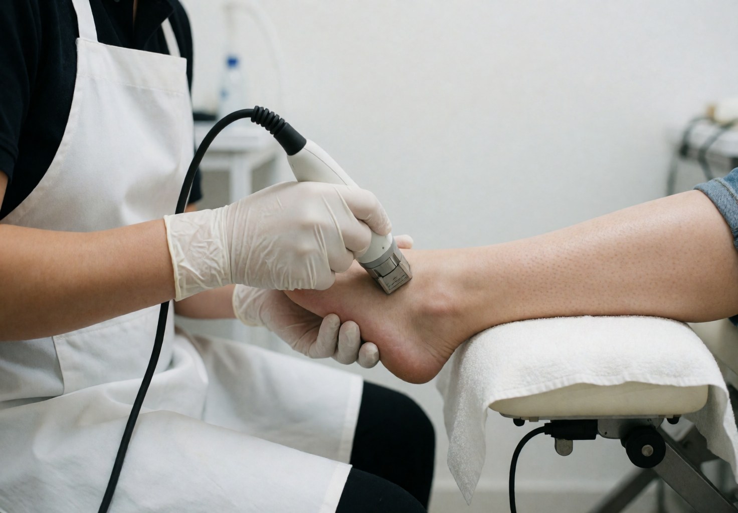 Technician wearing white gloves applying an electric device to a client's foot on a white towel in a clean salon