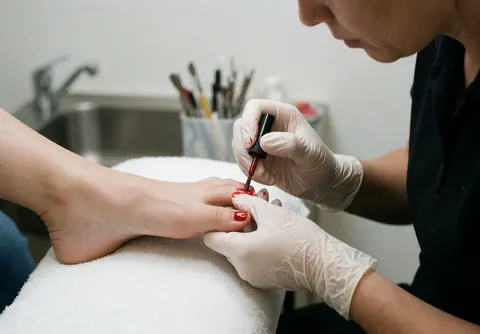 A professional wearing gloves applies red nail polish to a toenail on a white towel with a sink and tools in the background