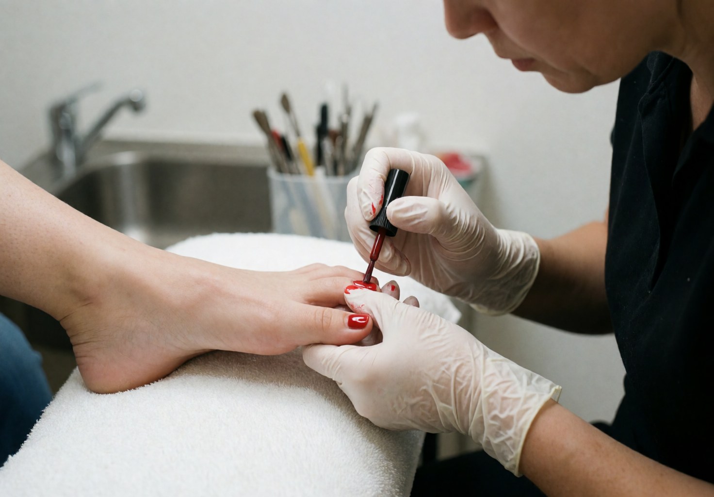 A professional wearing gloves applies red nail polish to a toenail on a white towel with a sink and tools in the background
