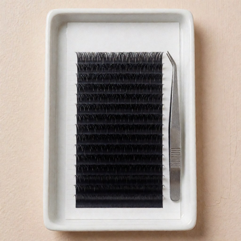 Black false eyelash extensions arranged on a white ceramic tray alongside professional tweezers, set against a soft beige background with even lighting for beauty product display