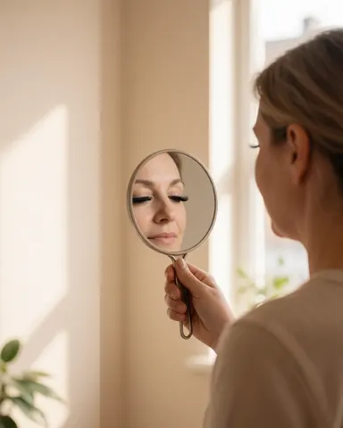 A satisfied client with voluminous eyelash extensions looks at her reflection in a handheld mirror inside a bright beauty studio.