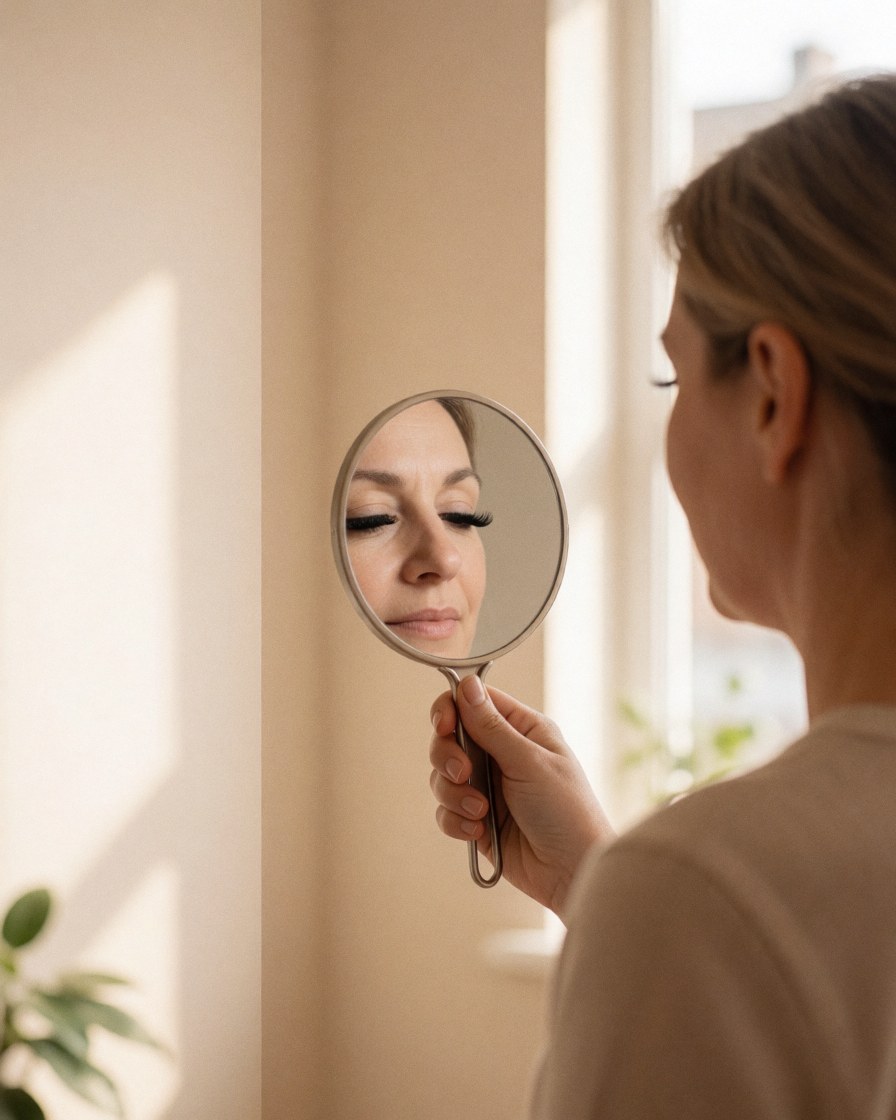 A satisfied client with voluminous eyelash extensions looks at her reflection in a handheld mirror inside a bright beauty studio.