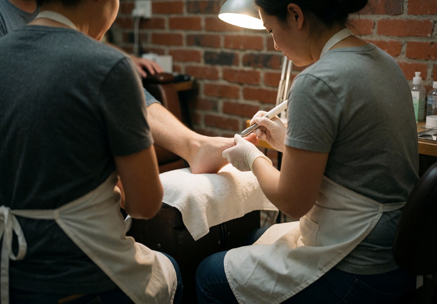 Technician wearing gloves and apron cleaning toenails on a white towel in a salon with a brick wall