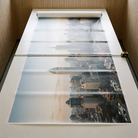 Panoramic city print on a white table with a yellow measuring tape, light wood walls, and diffused lighting.
