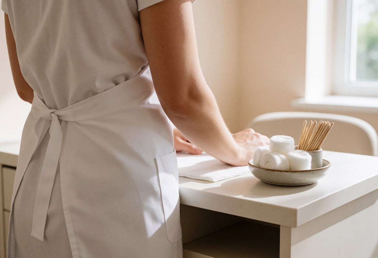 Manicure workstation with cotton rolls and wooden sticks in a ceramic container, natural light from window, clean and professional atmosphere