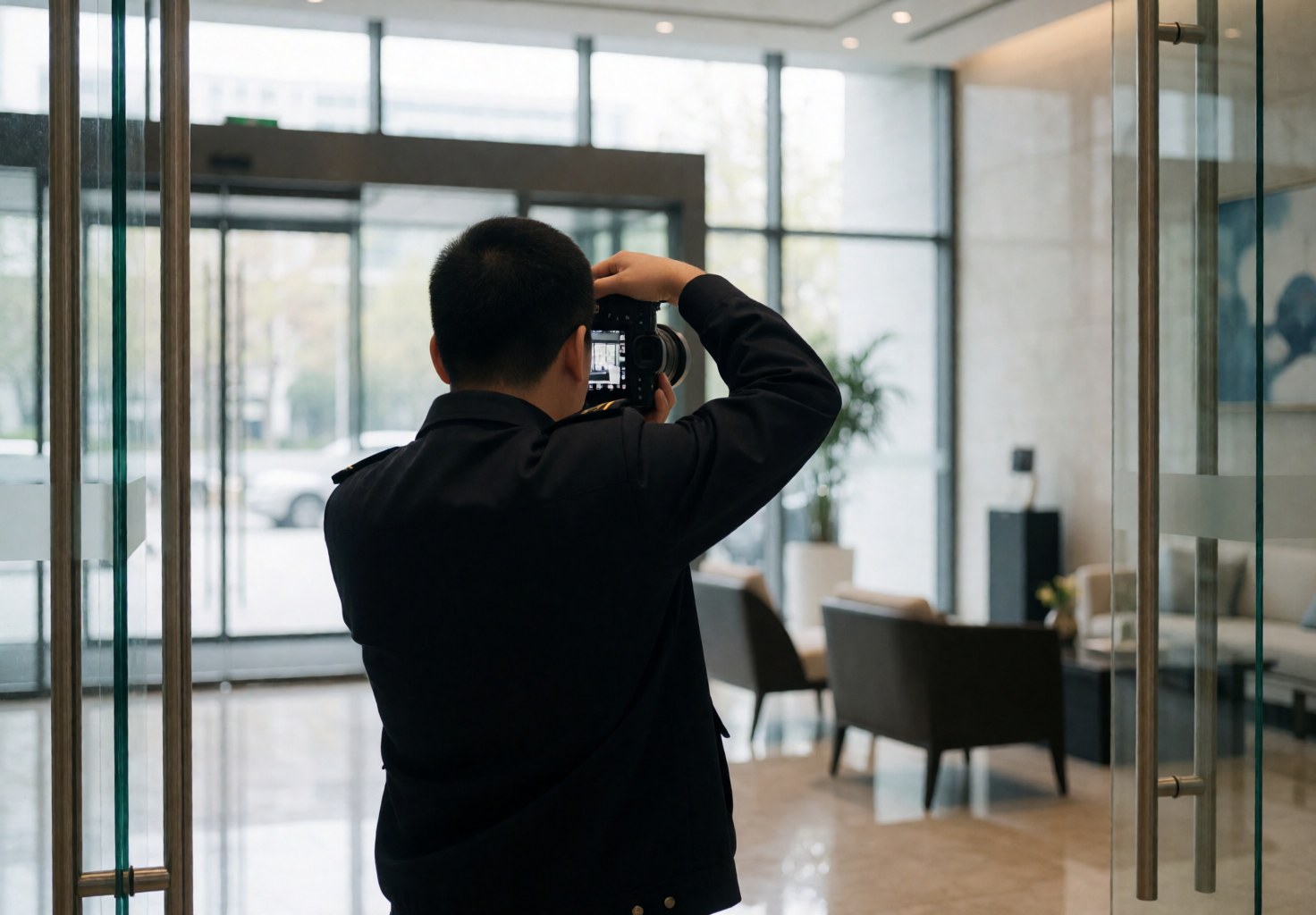 Professional photographer adjusting a camera in a modern office lobby with glass walls, elegant furniture, and natural light.