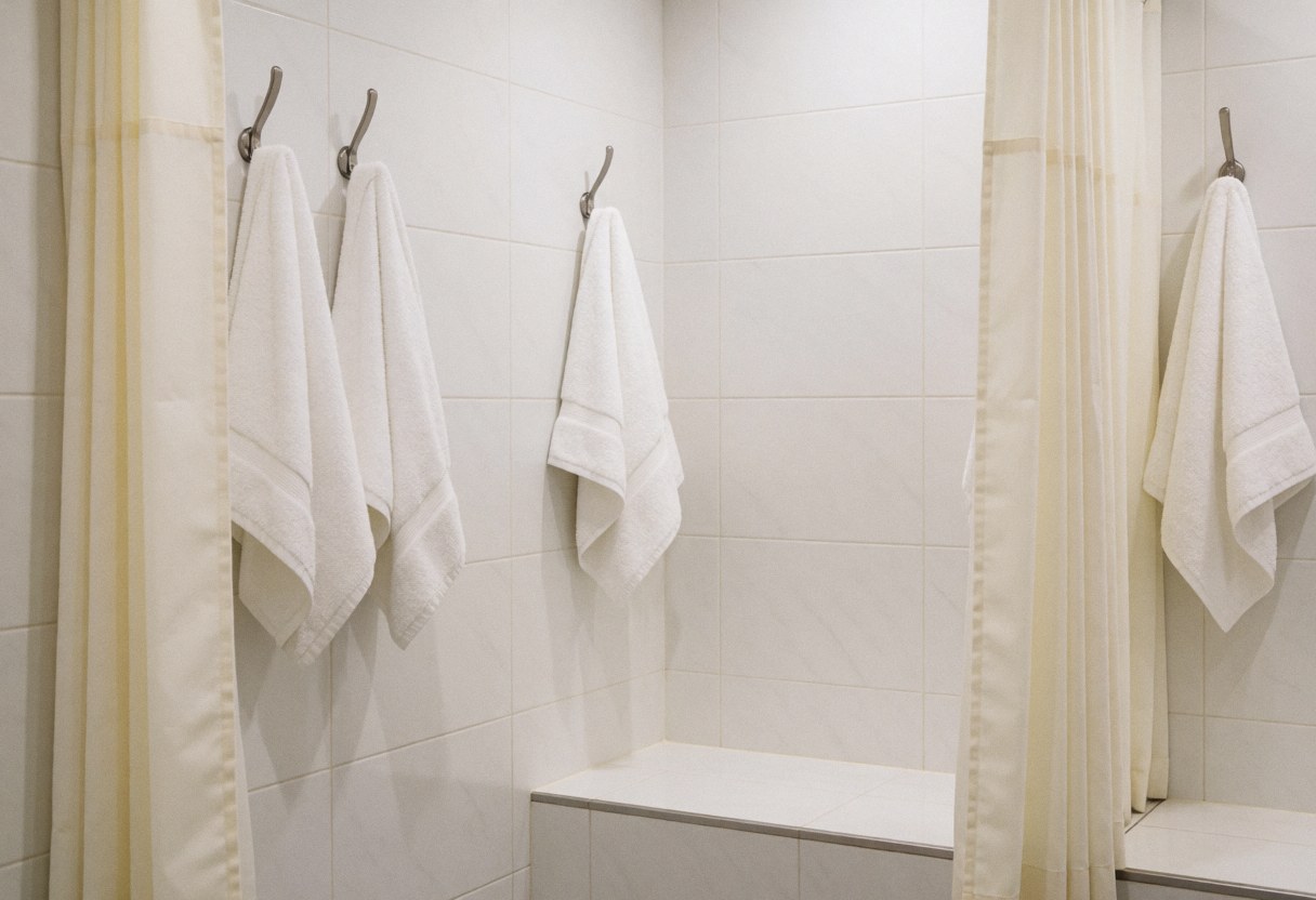 Clean shower area featuring white curtains and towels hanging on hooks, white tiled walls, and a ceramic bench for laser hair removal clients.