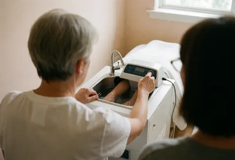 A manicurist adjusts the temperature of a paraffin foot bath while a client's feet soak in the water, set in a clean, naturally lit interior.