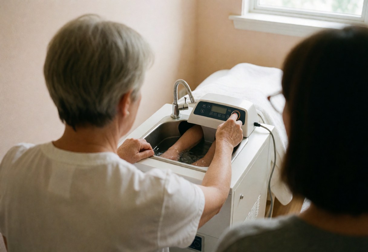 A manicurist adjusts the temperature of a paraffin foot bath while a client's feet soak in the water, set in a clean, naturally lit interior.