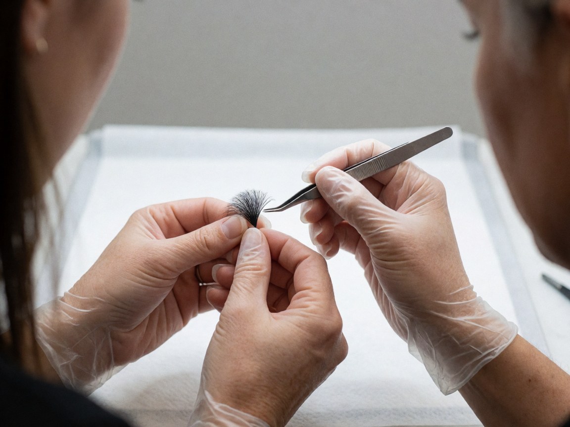 Close-up of gloved hands using tweezers to separate false eyelash extensions against a clean white background for professional beauty treatment