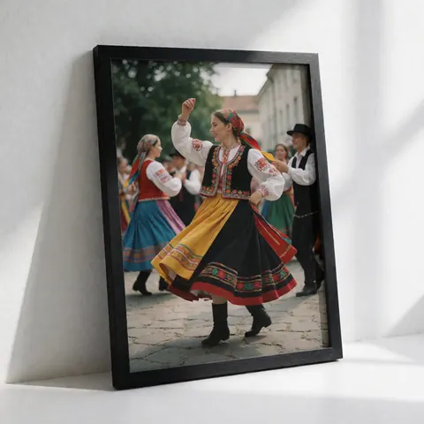 Framed image of a folk dance performance on a cobblestone street with natural light and vibrant colors, suitable for gallery display or product decoration.