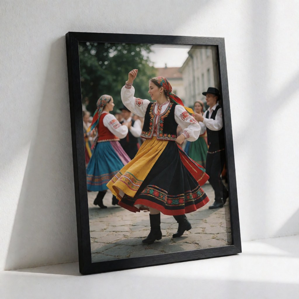 Framed image of a folk dance performance on a cobblestone street with natural light and vibrant colors, suitable for gallery display or product decoration.