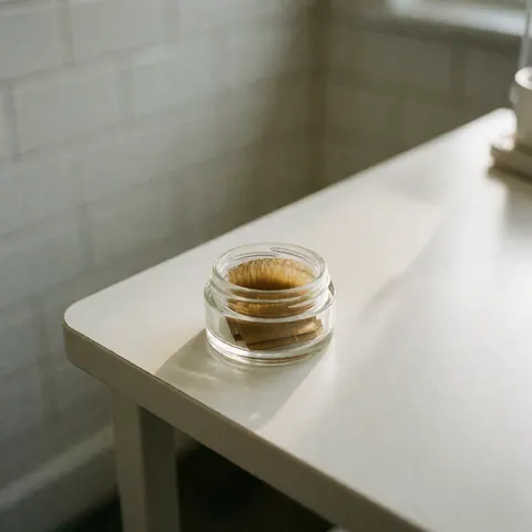 A clear jar filled with false eyelash extensions sits on a white table against a white tiled wall with natural lighting, showcasing a beauty product.