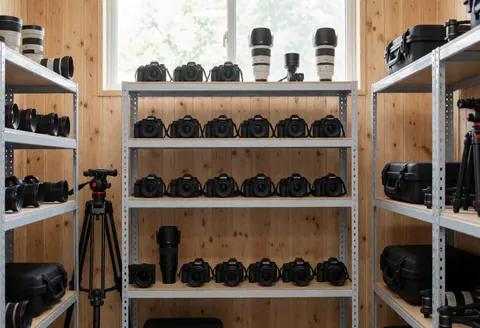 Neatly organized DSLR cameras, lenses, and tripods stored on wooden shelves in a room with natural light from a window