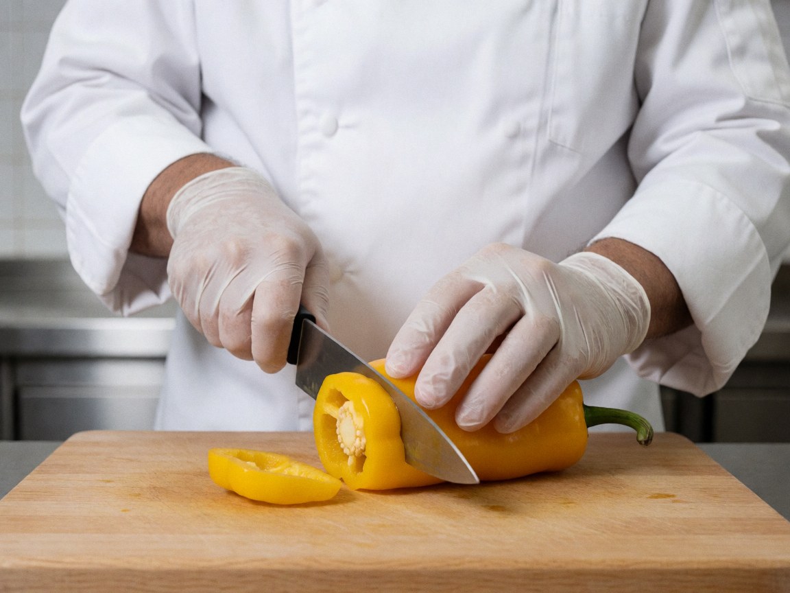 A chef wearing white gloves slices a bright yellow chili pepper on a wooden cutting board in a professional kitchen with white tiled walls.