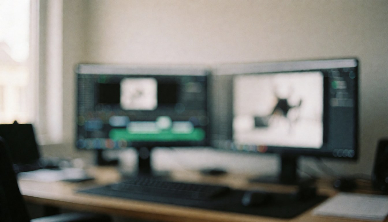Professional editing studio background featuring two monitors and a desk with soft lighting and a serene atmosphere, ideal for text overlay