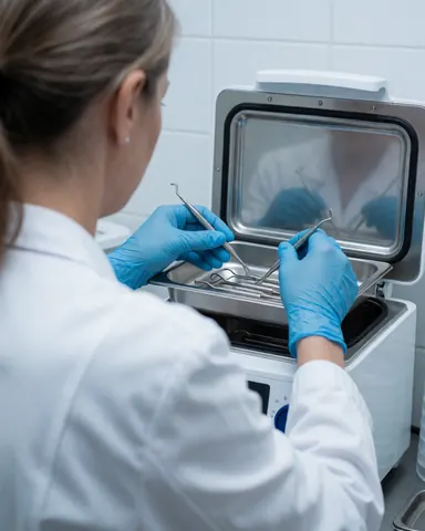 A dental professional wearing blue gloves places metal dental tools into a metal sterilizer against a clean white wall background with bright lighting.