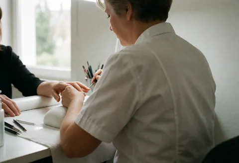 Professional manicurist applying treatment to a client's hand in a bright salon with natural light and tools visible on the table.