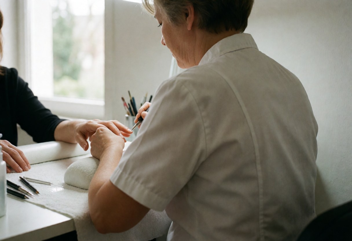 Professional manicurist applying treatment to a client's hand in a bright salon with natural light and tools visible on the table.