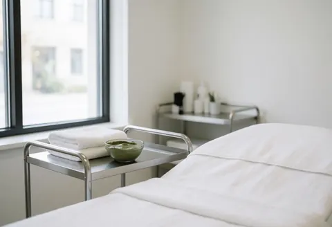 Clean treatment room with metal trolley holding green clay mask, white towels, and massage bed near window with natural light
