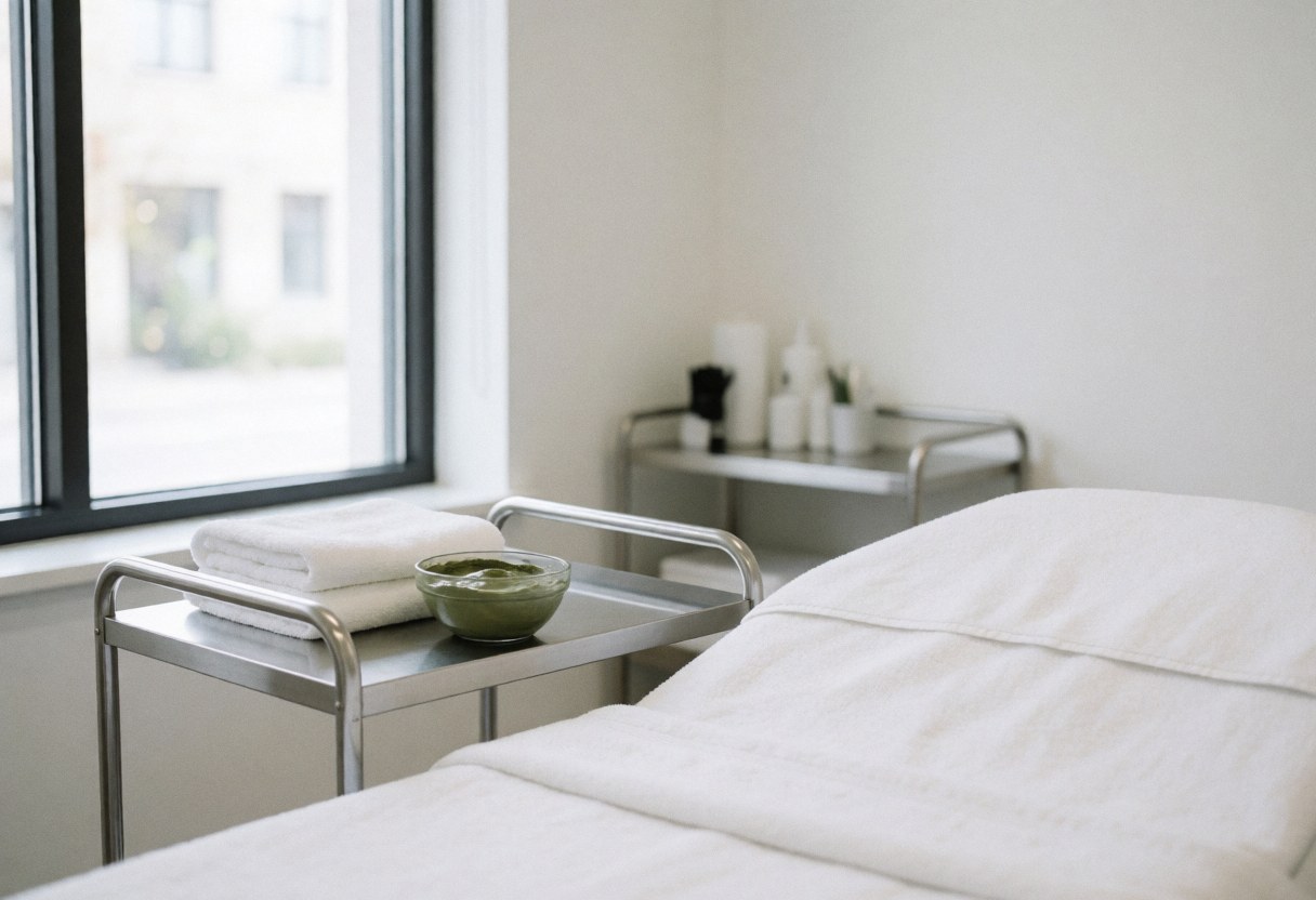 Clean treatment room with metal trolley holding green clay mask, white towels, and massage bed near window with natural light