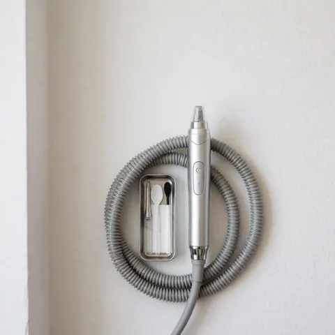 Corded microdermabrasion device and accessories arranged on a metal tray against a white wall with professional lighting