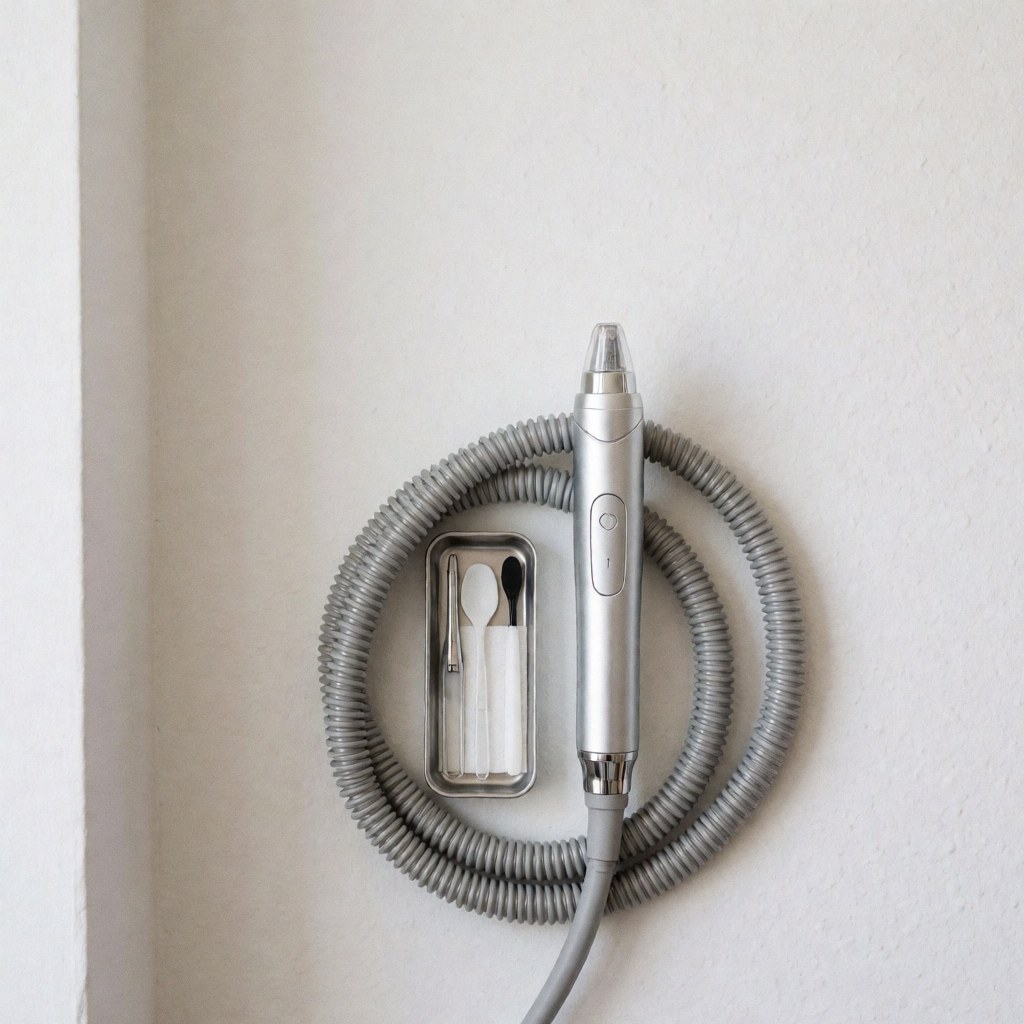 Corded microdermabrasion device and accessories arranged on a metal tray against a white wall with professional lighting