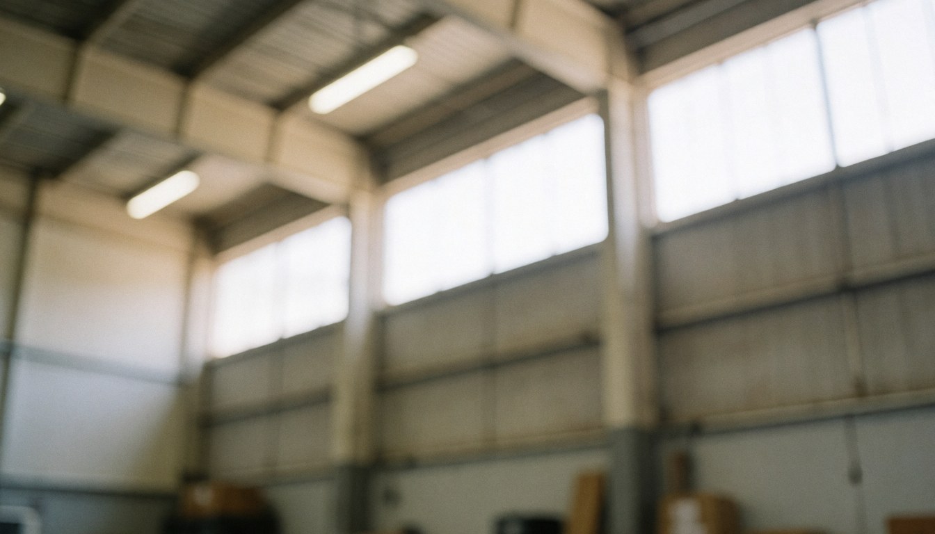 Out of focus industrial warehouse interior featuring metal beams, high windows, and soft natural light, serving as a neutral backdrop for commercial text.